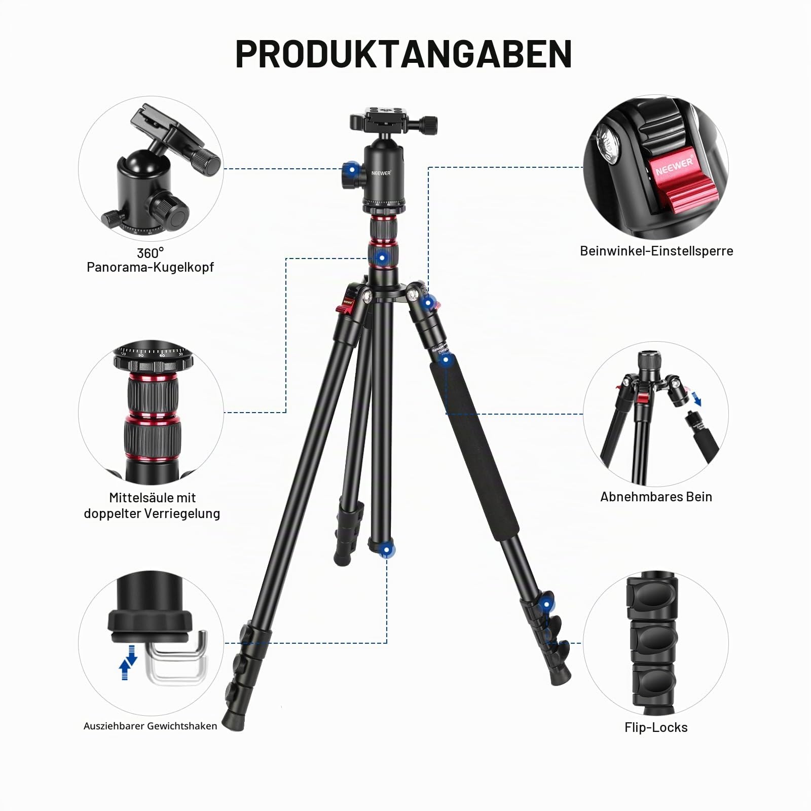 NEEWER 195,6cm Kamera Stativ Einbeinstativ mit Handyhalter, 360° Kugelkopf, Aluminium DSLR Tripod, Max 15,4kg, TP77