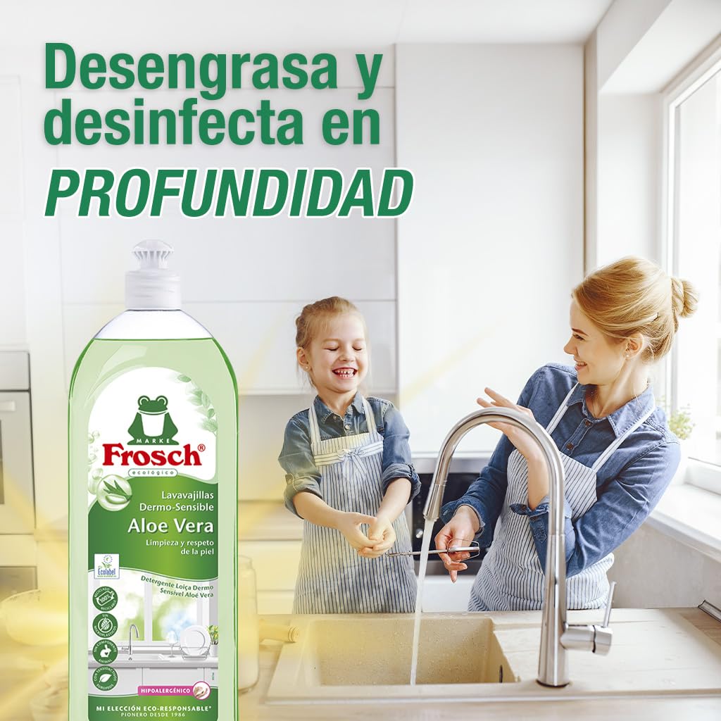 Frosch Lavastoviglie a Mano Liquido Lozione Ecologico Aloe Vera, Dermo-sensibile, Pulizia efficace e protegge la pelle, confezione da 10 pezzi x 750 ml