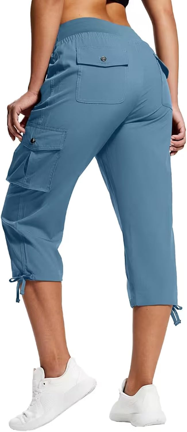 Womens Cargo Capri Pants Summer Casual Drawstring High Waisted Lounge Cropped Tapered Ankle Trousers Work Outfits