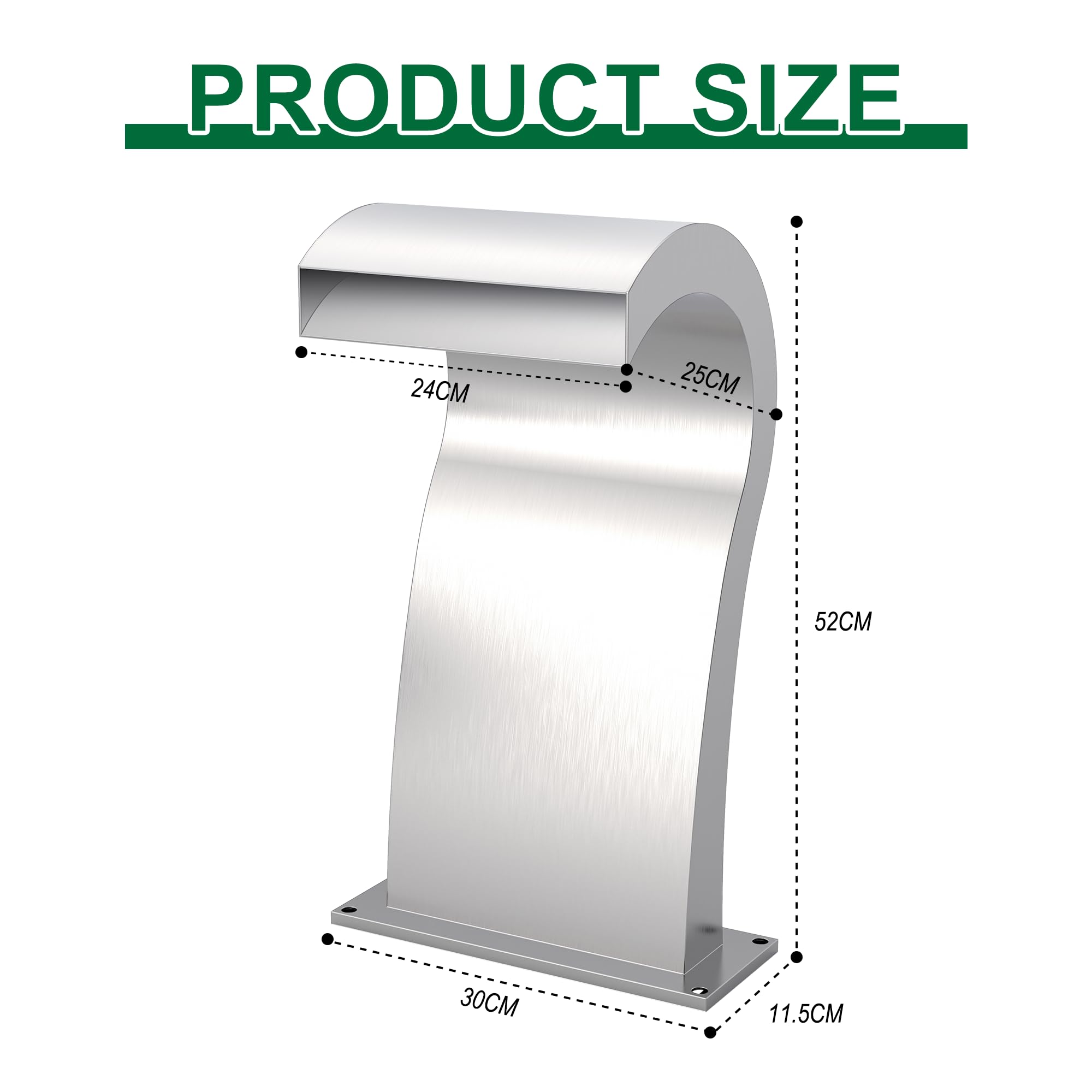 Fontana curva per piscina a cascata in acciaio inossidabile con accessori, per laghetti, cascate a forma di S, per esterni, fontane per giardino, patio, piscina, decorazione, 52 cm di
