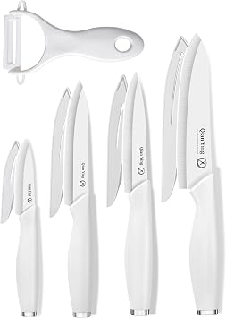 Pure Strengthening Ceramic Knife Set for Kitchen with Sheath 9Pcs 100% Zirconia Ceramic Sharp Blade Fruit Cutting Knives with Cover Rustproof Clean Cut Edge White Handle