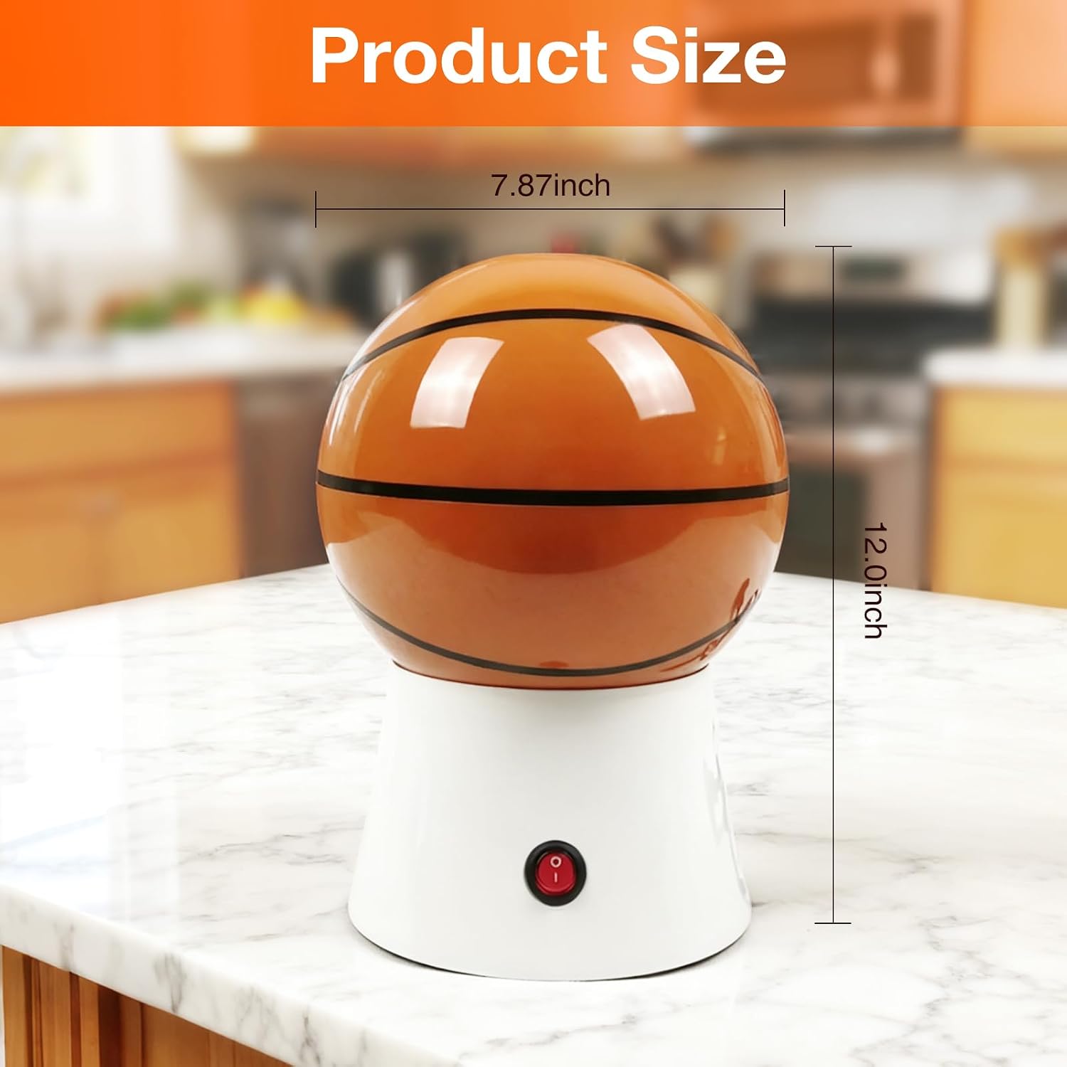 Hot Air Popcorn Maker, 1200W Electric Oil-Free One-Touch Popper with Measuring Cup & Butter Melter, BPA-Free Healthy Snack Machine for Home, Kids, Movie Night, Camping-Basketball Shaped