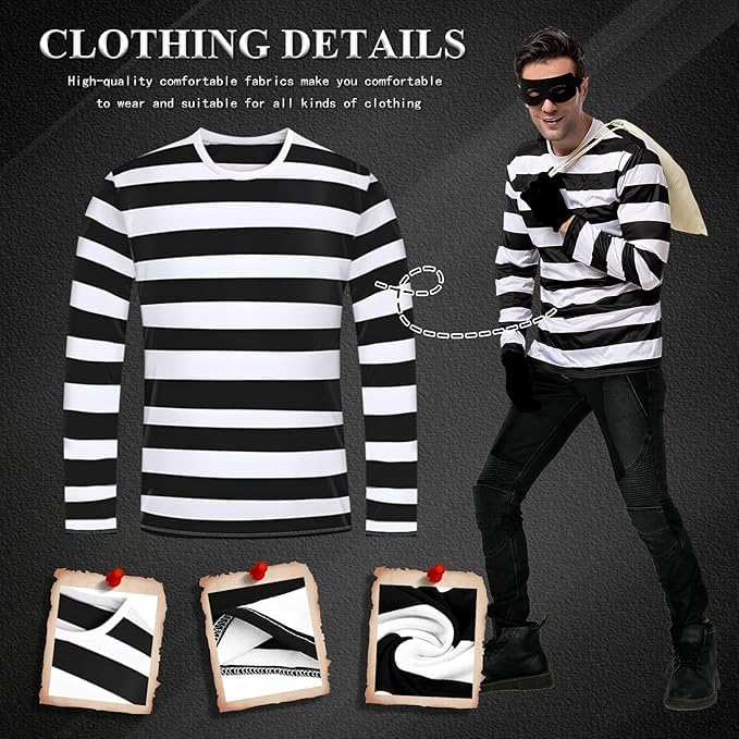 ZhuXIXILiang 6pcs Robber Costume Set for Adult Burglar Costume Set cops and robbers fancy dress with Black & White Striped T-shirt Robber Mask Eye Mask Gloves Canvas Bag Beanie for Halloween Carnival - Image 3