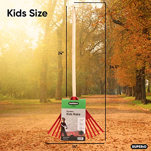 Image of Superio Kids Leaf Rake, 34-Inch Lawn & Garden Rake with Hardwood Handle and Durable Plastic Head, Leaf Cleanup Tool, Red 1 Pack