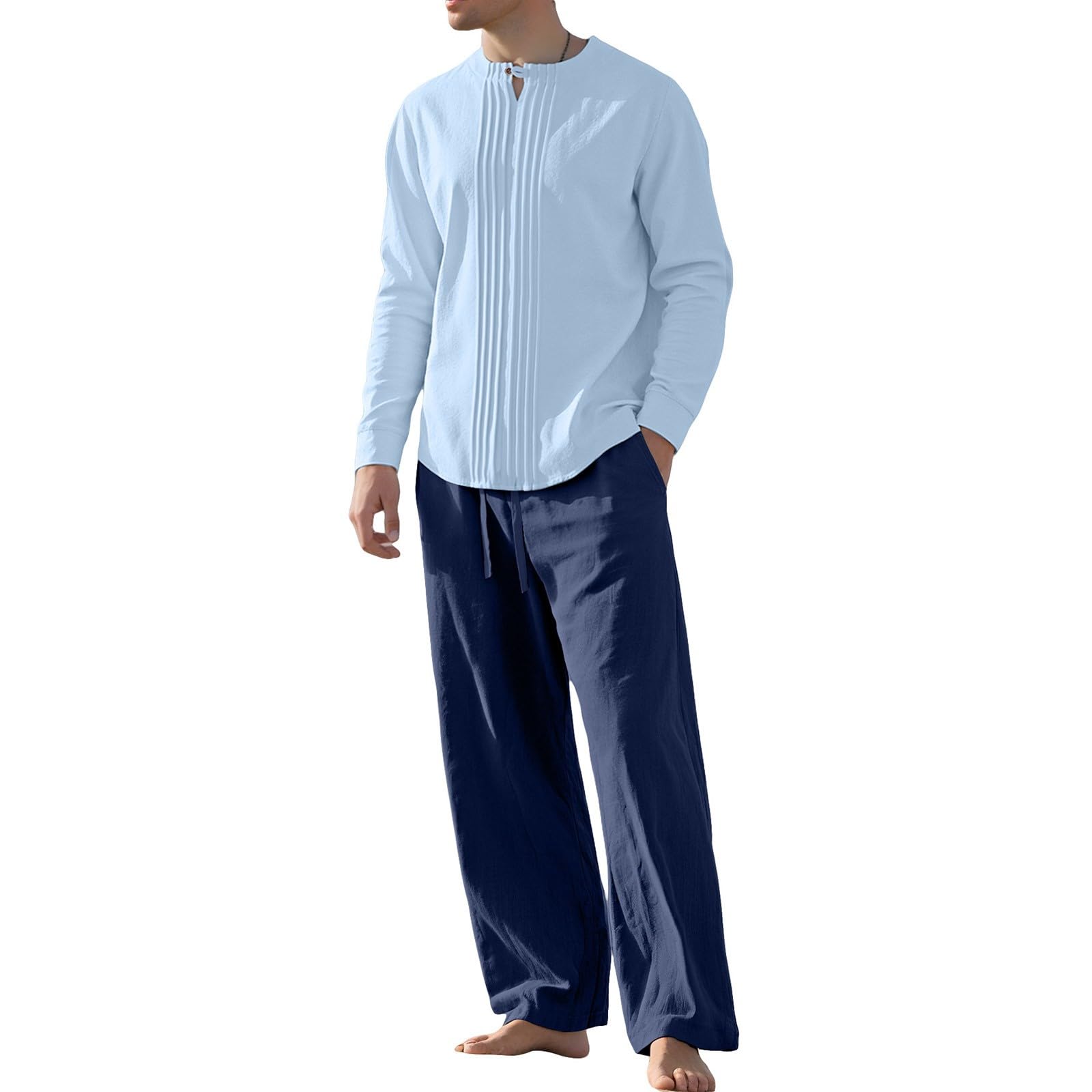 Generisch Tuta da uomo per il tempo libero, 2 pezzi, tuta da casa da uomo, elegante, casual, in tinta unita, in cotone e lino, elasticizzata, traspirante, per il tempo libero, set da jogging