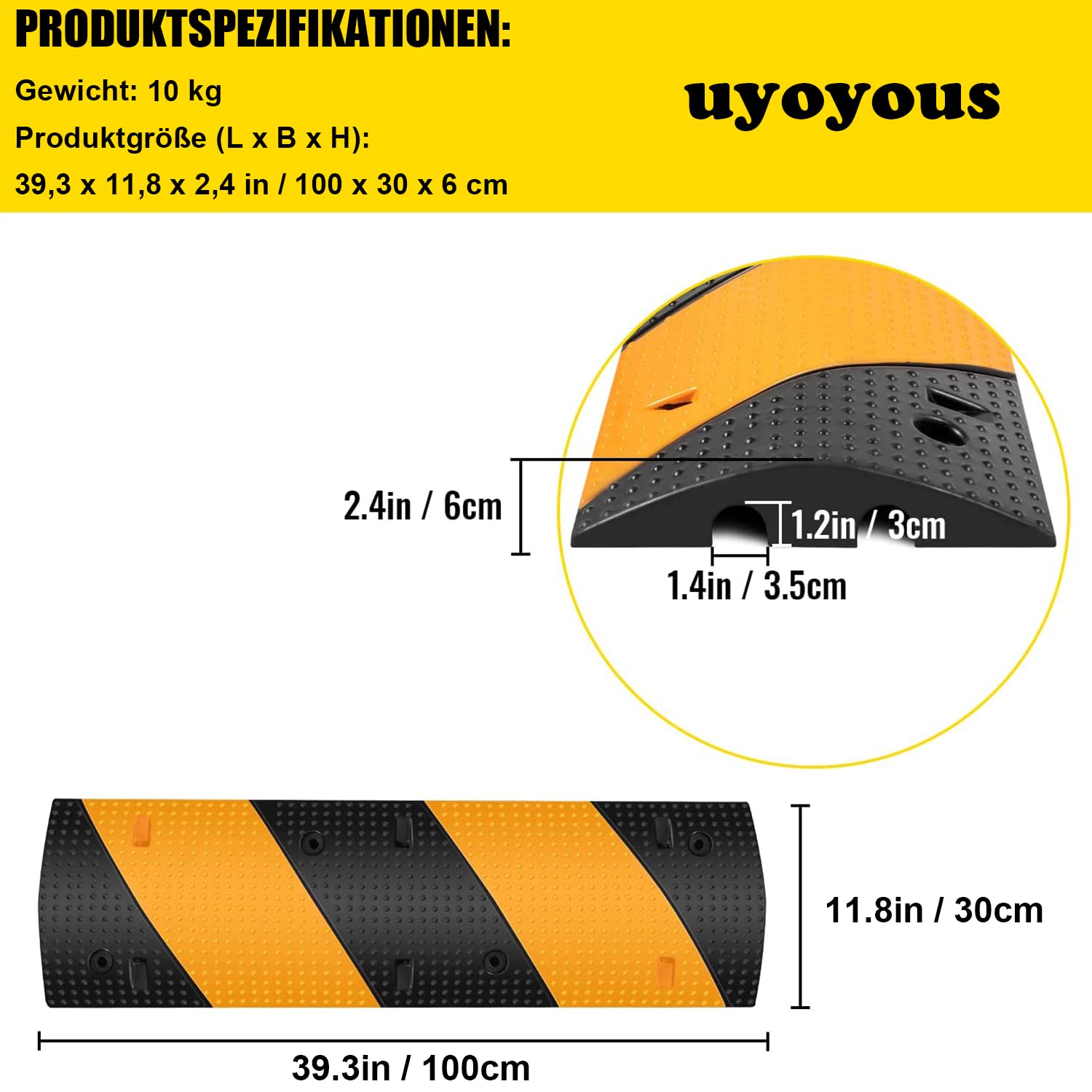 uyoyous Kabelbrücke 2 Kanal 100 x 30 x 6 cm Fahrbahnschwelle Schlauchbrücke überfahrbar Überfahrschutz für Kabel Außen
