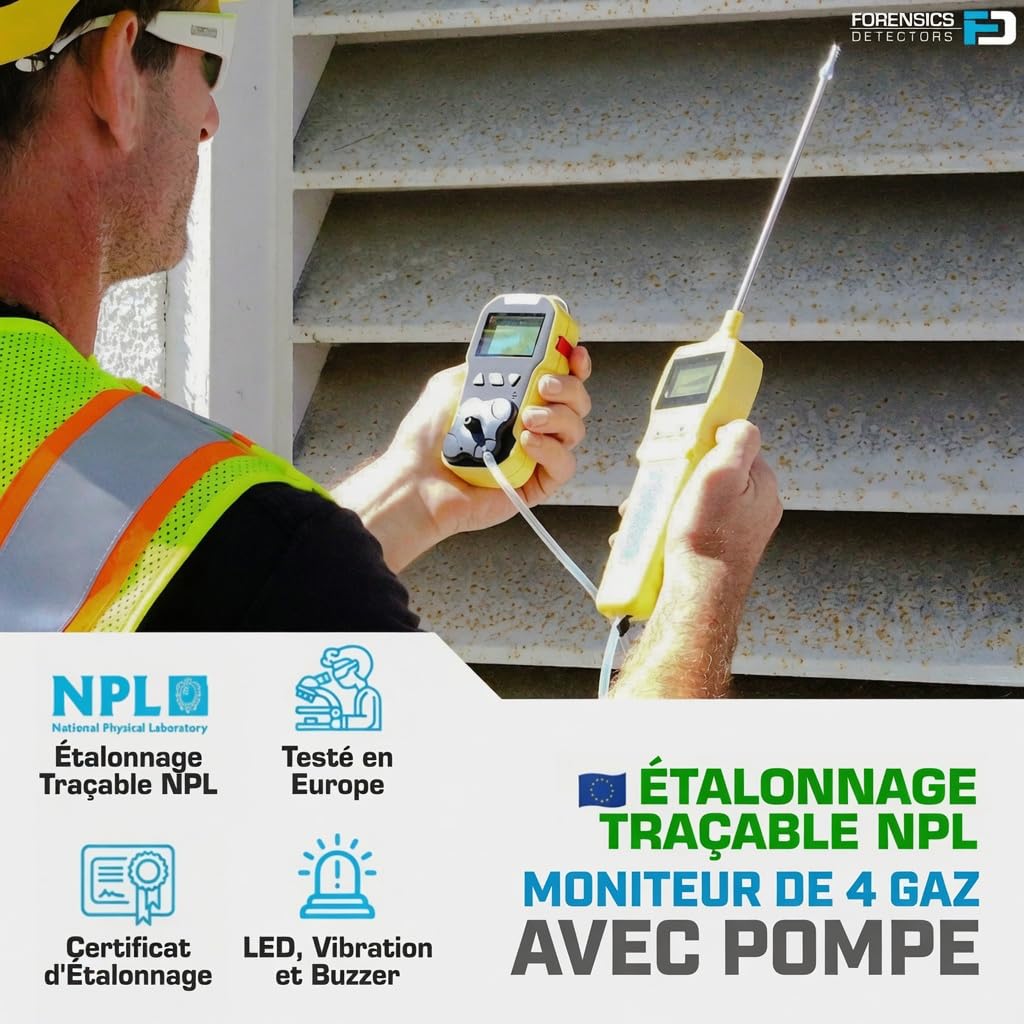 Détecteur 4 Gaz avec Pompe Forensics | O2, CO, H2S, LEL | Recharge USB | Grand Écran Rétroéclairé | Certificat d'Étalonnage UE