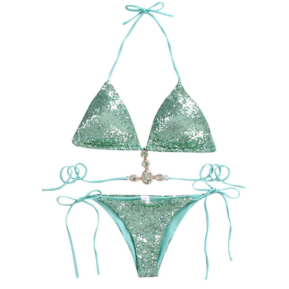Sherry USSherry Women 2 Pcs Triangle Bikini Set Shiny Sequins String Beachwear Srxy Swimsuit(Green,M)