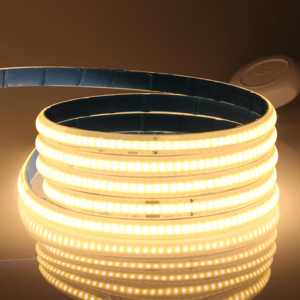 220V COB Bande LED Blanc Chaud 3000K IP67 Etanche Ruban LED Adhesif,288LEDs/M Lumière CRI 93+ Bandeau Lumineux Flexible pour Armoires de Cuisine, Comptoirs, Etagères
