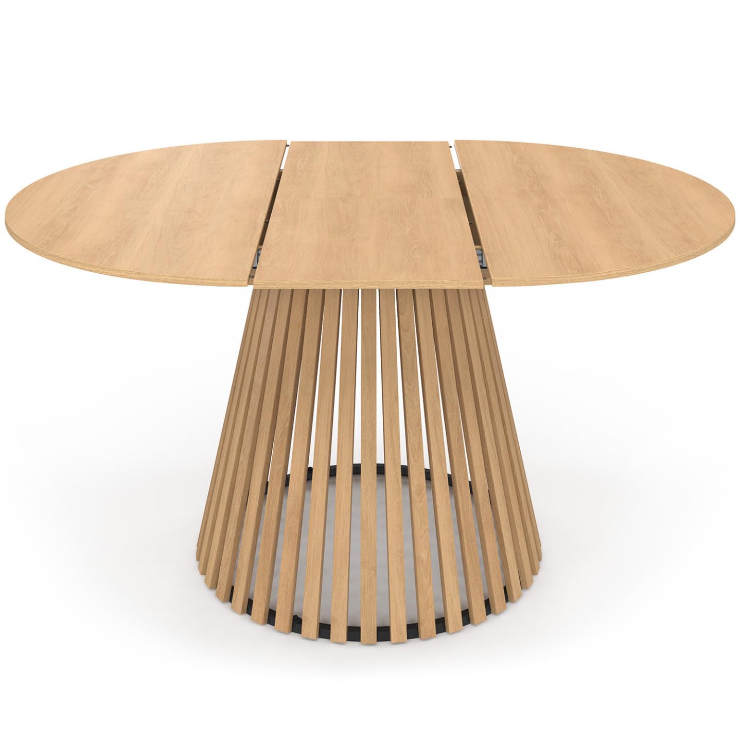 IDMarket - Ausziehbarer runder Esstisch Carmen 4-8 Personen Holzfuß aus Latten und Holzplatte 110-150 cm