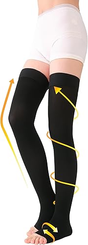 TOFLY Calcetines de compresión altos hasta el muslo para mujeres y hombres (par), punta abierta, opacos, soporte firme de 30-40mmHg, manguera de