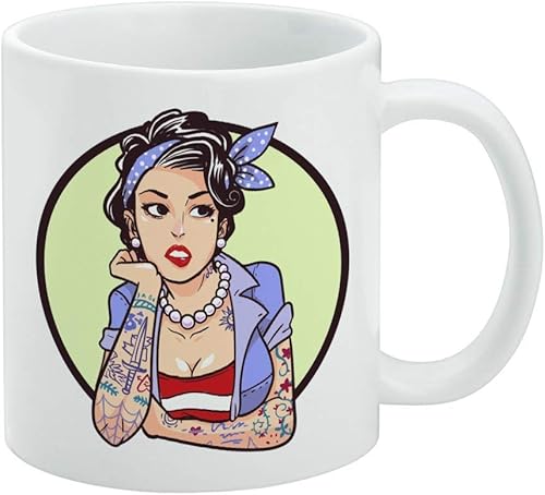 Rockabilly - Taza de café de cerámica retro Pin Up Girl With Tattoos, novedosa taza de regalo para café, té y bebidas calientes, 11 onzas, color