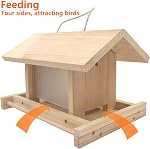 Hanging Wooden Bird Feeder Outdoor Large Capacity Wood Birdfeeder for Feeding Garden Wild Birds Finches Robin Sparrow Blue Jay Chickadees (Light Wood Color, Rectangle with Flat Side Panel)