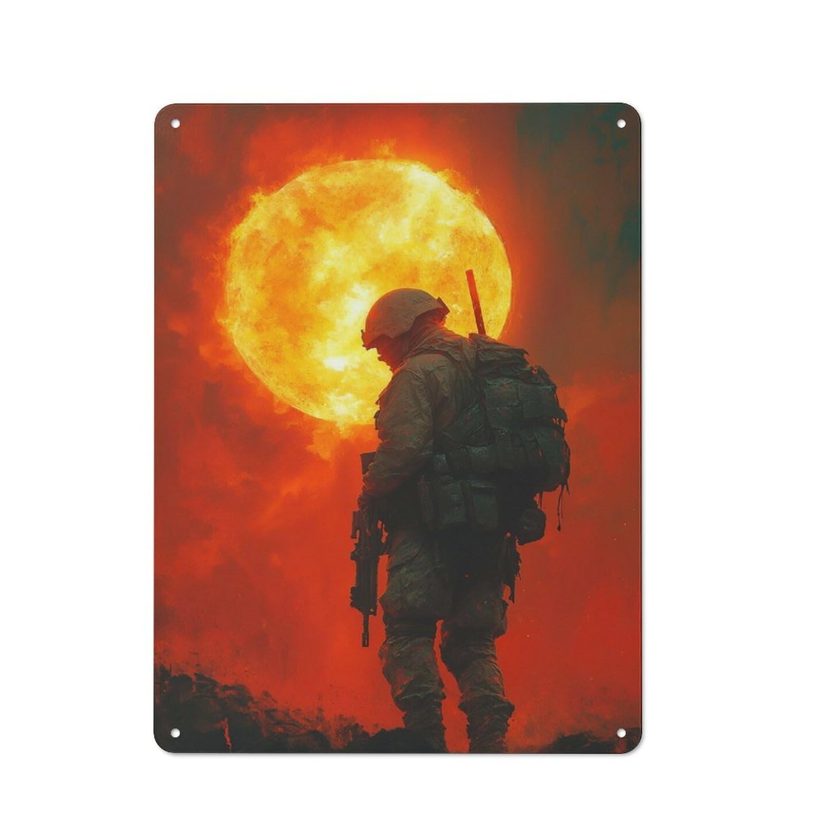 Junmoney Style-15 Smart Tin Sign 40X30cm Featuring Soldier Silhouette Against Fiery Sky, Office Wall Decor For Workspace, Cafe, Shop Or Desk Area