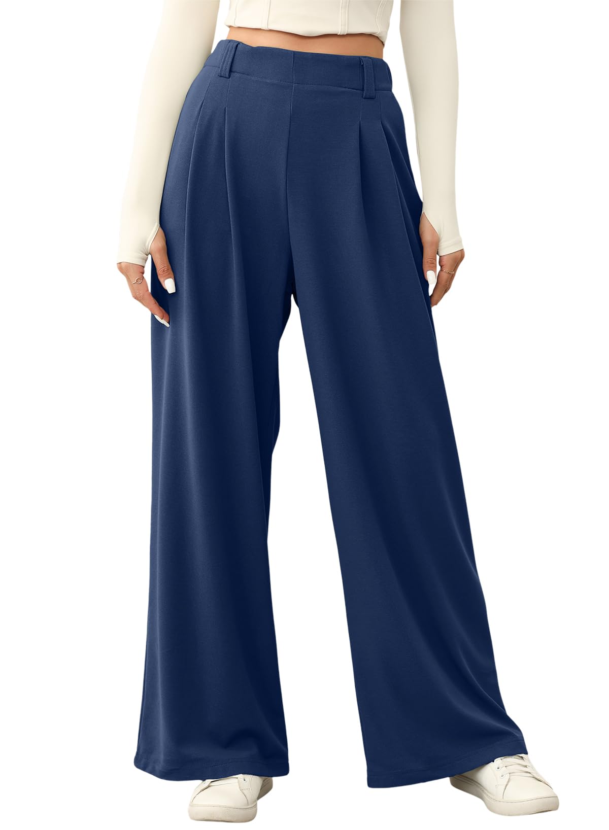 EVALESSWomen's Wide Leg Pants Elastic High Waisted Waffle Knit Casual Palazzo Pants Trousers with Pockets