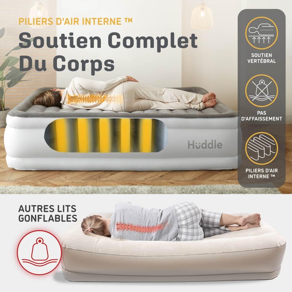 Huddle® Never Deflate™ Luxury lit Double Gonflable, lauréat Good Housekeeping 2025, doté de la Double Pompe SlumberGuard™, fermeté réglable, Pompe intégrée et veilleuse USB