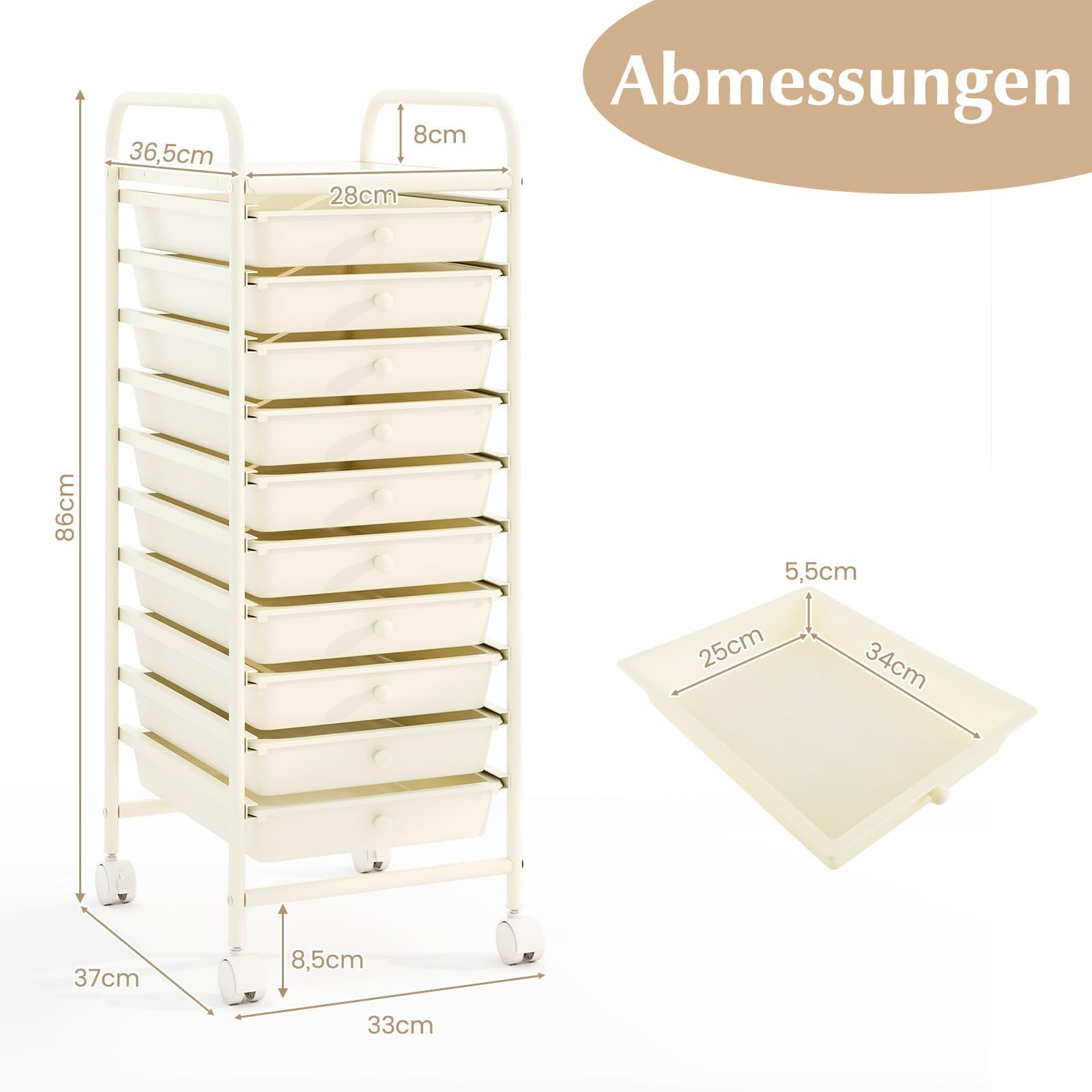 COSTWAY Rollwagen mit Schubladen Rollcontainer Badrollwagen Badtrolley Badregal Beistellwagen mit 10 stapelbaren Schubladen Metallgestell (Weiß)