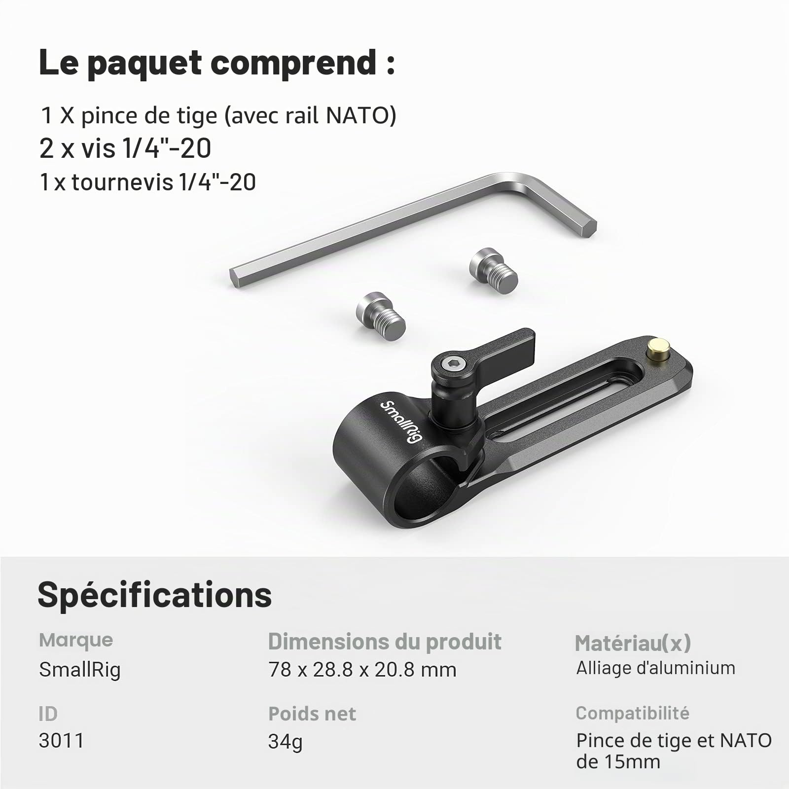SMALLRIG Universel 15 mm Rod Clamp avec Rail NATO - 3011