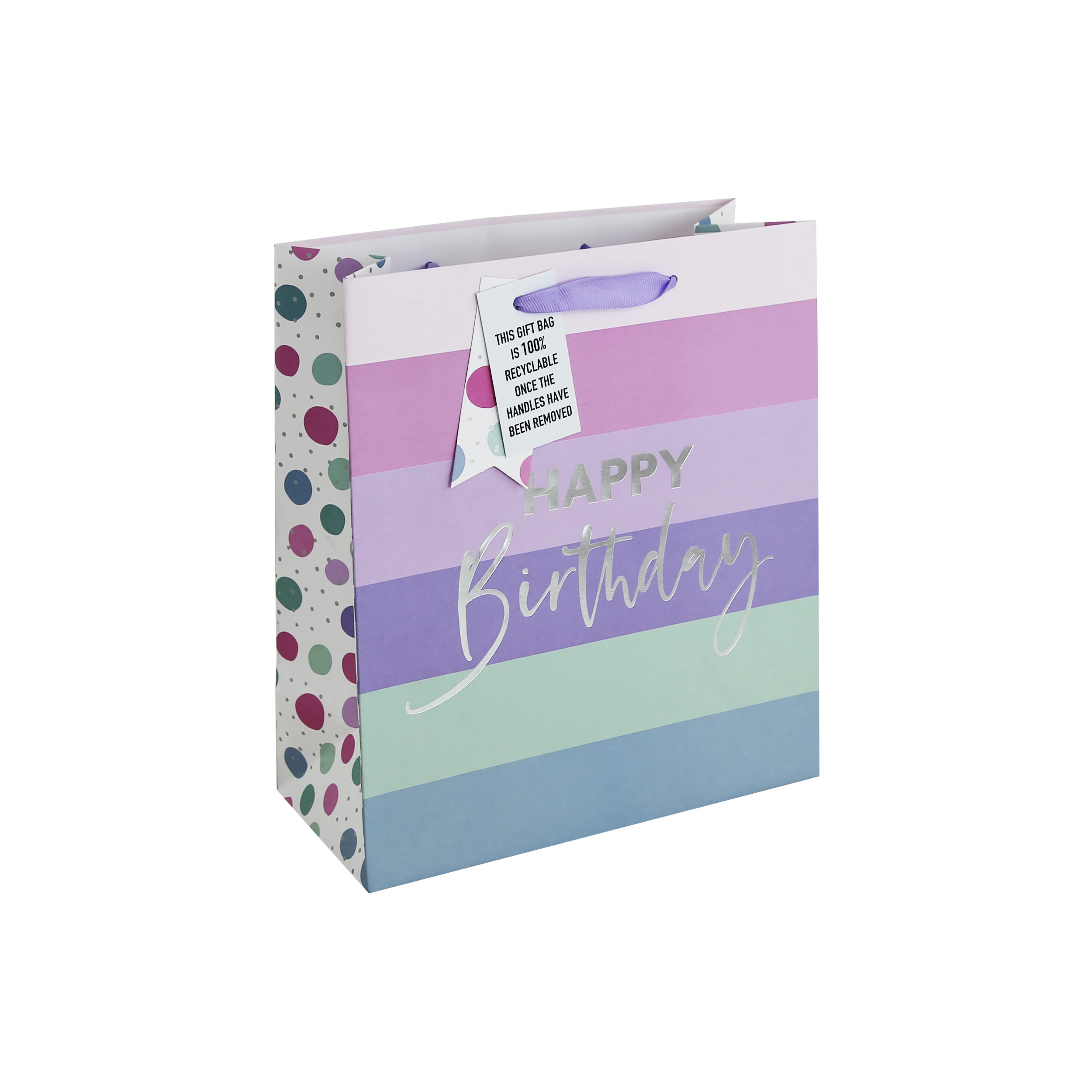 Eurowrap Women's Multi Stripes And Dots White Kraft Happy Birthday Gift Bag With Gift Tag 100% Recyclable Occassions Medium