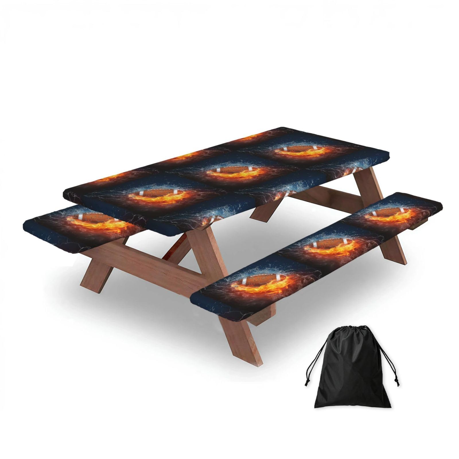 Dopklna As Picture Burning American Football In Fire, Picnic Table Cover With Bench Covers -Waterproof Elastic Fitted Tablecloth For Garden Camping Patio 76X152cm