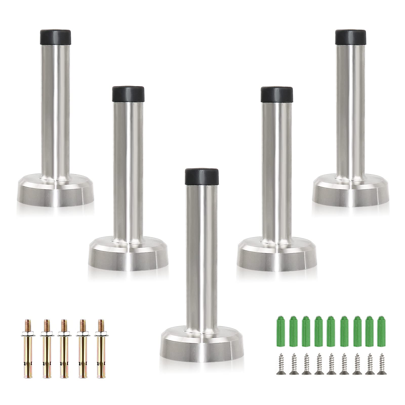 5 Pack Door Stoppers, Stainless Steel Spring Door Stops with Rubber Heads for Skirting, Mounted Door Stop Stopper for Protect Walls and Doors