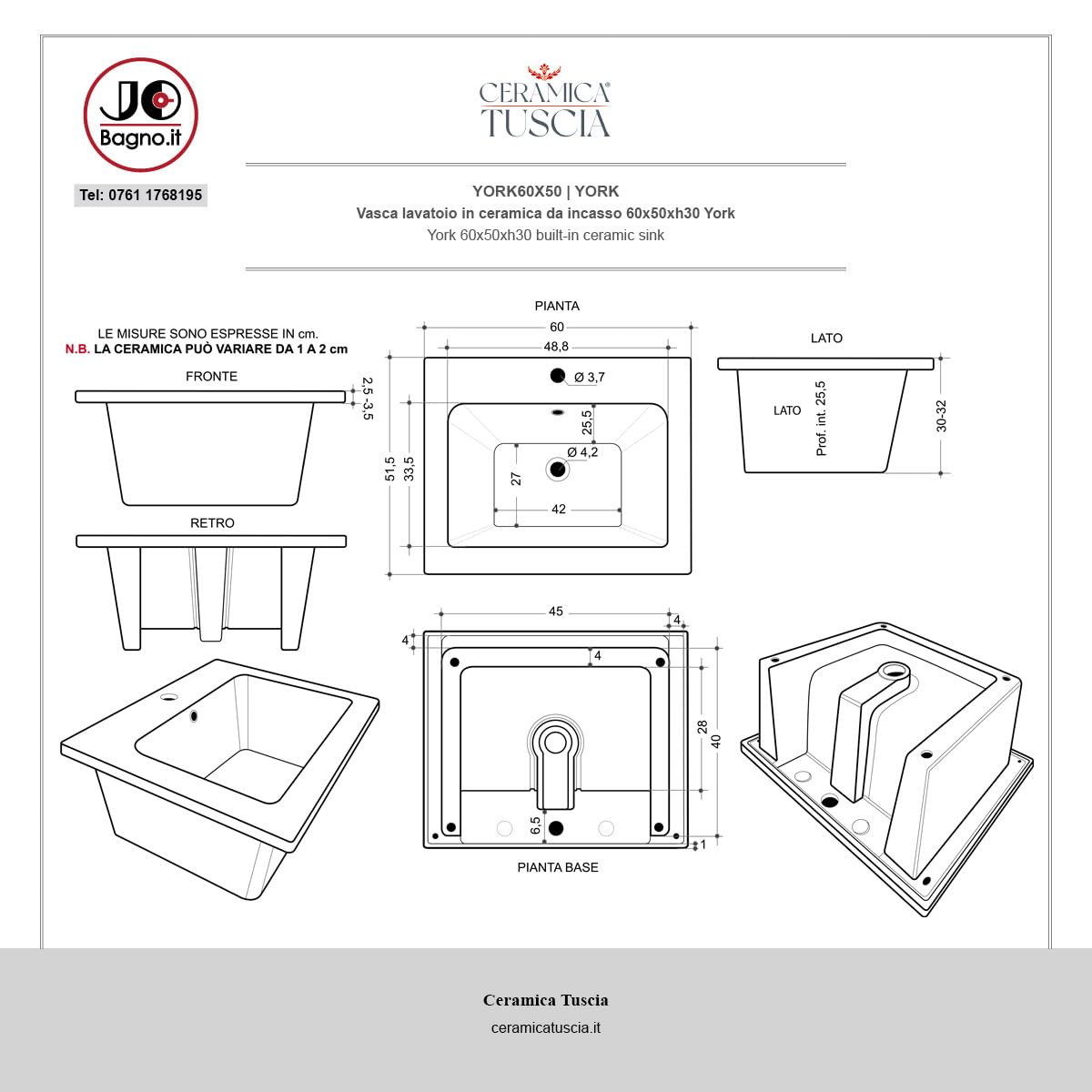 Ceramcia Tuscia Mobile LAVATOIO Ceramica 60 x 51 x H 88 YORK Design Bianco Antigraffio con Vasca Profonda 25,5 cm (NO Foro Rubinetto)