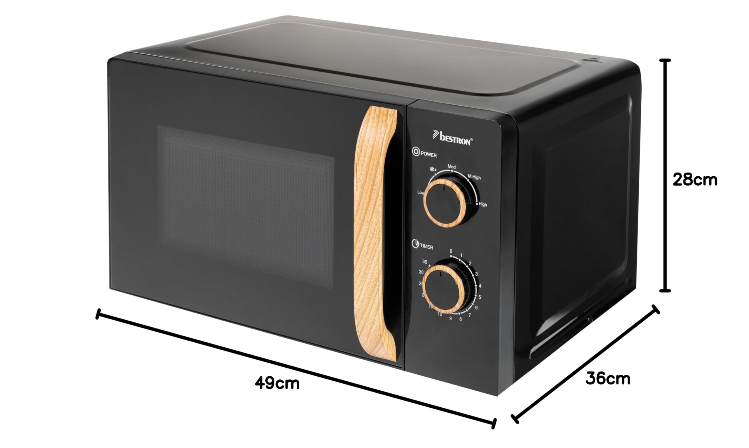 Bestron Kuchenka mikrofalowa 700 W, dwuczęściowy panel kontrolny z 5 poziomami mocy i timerem 35 min. bezstopniowo, z talerzem obrotowym 25,5 cm, do wszystkich popularnych rozmiarów, czarny i