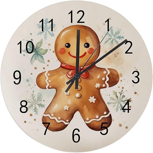 ZHIMI Reloj de pared de madera con pilas, silencioso, sin tictac, lindo copo de nieve de jengibre de Navidad, redondo, preciso, reloj de baño, sala