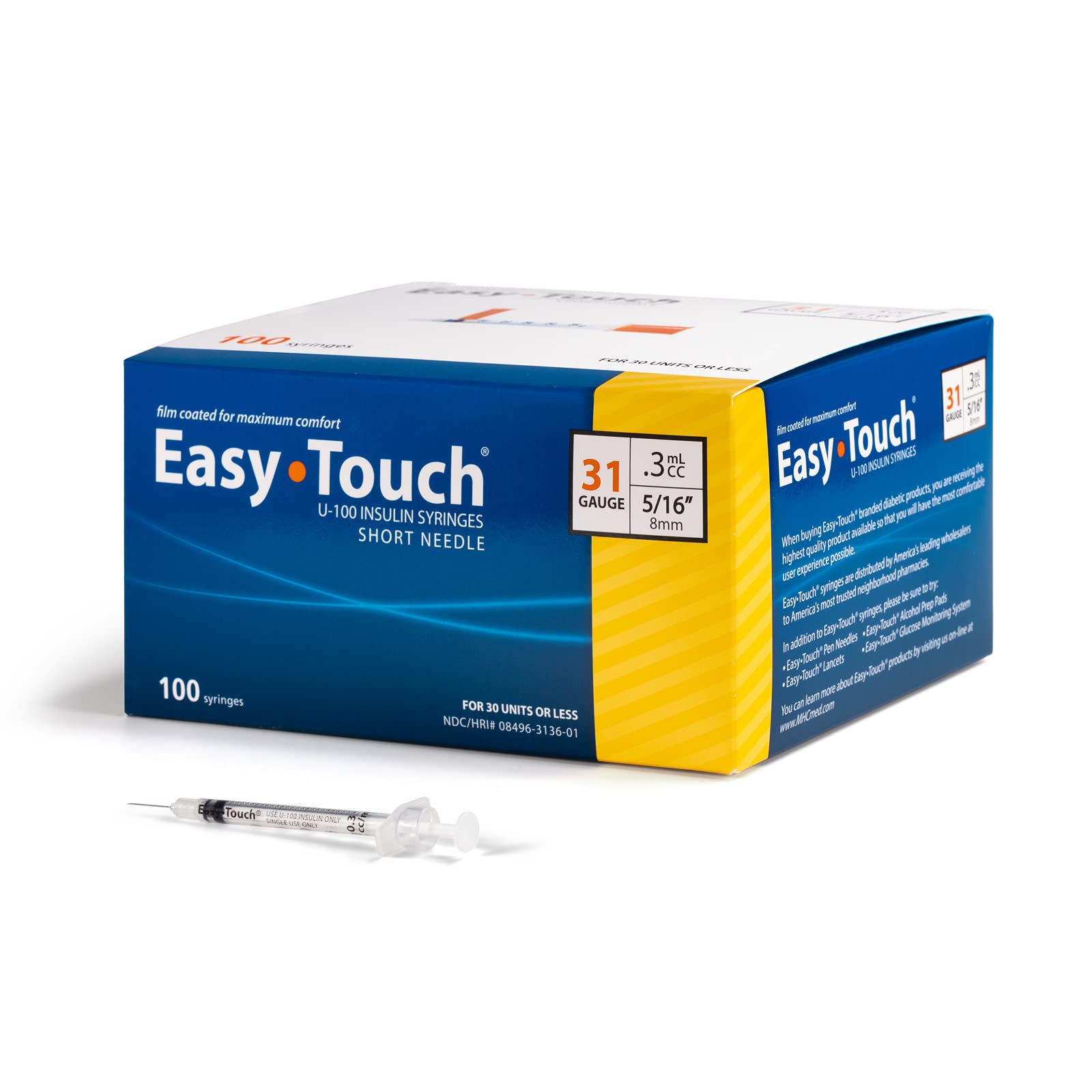 Easy Touch U-100 Insulin Syringe with Needle, 31G 0.3cc 5/16-Inch (8mm), Box of 100