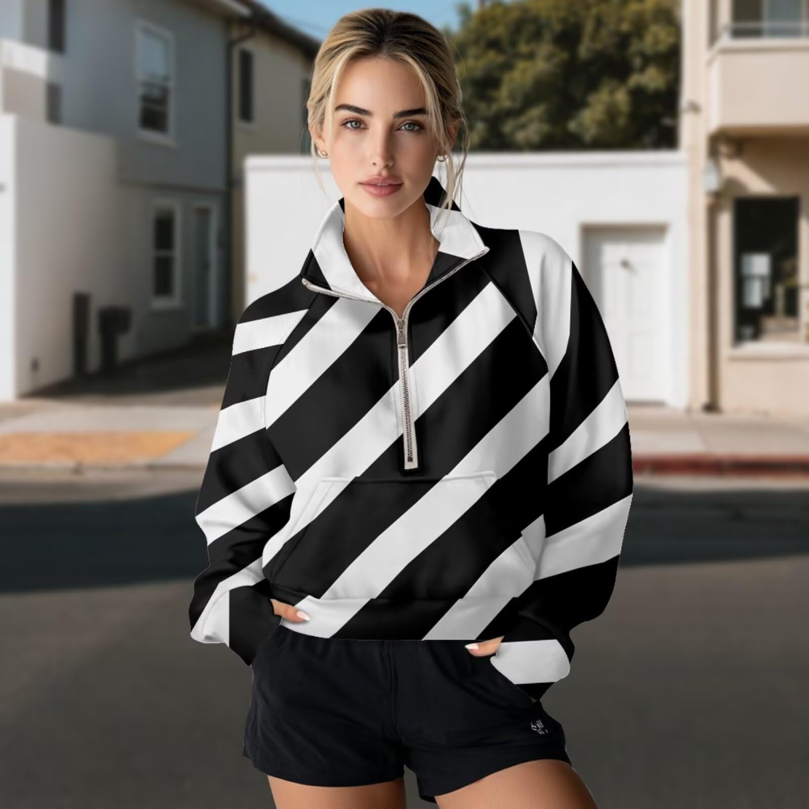 Poceacles Sudadera de media cremallera para mujer, con agujero para el pulgar, manga larga, cuello alto, sudadera con bolsillo, para otoño e invierno
