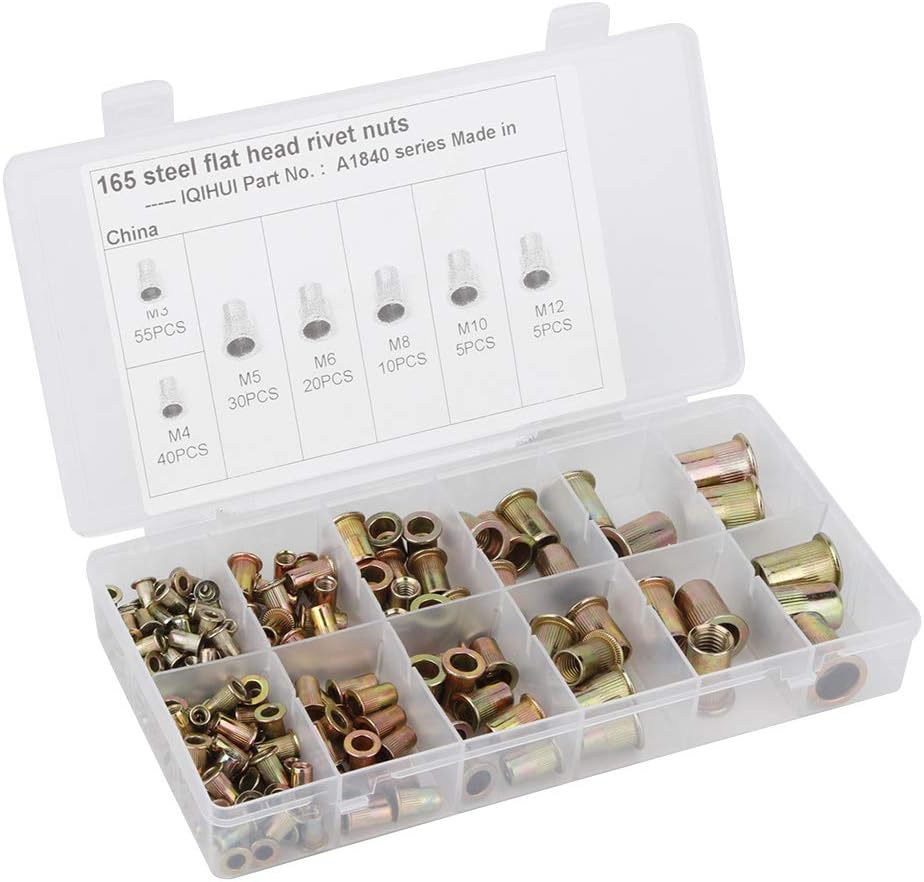 165pcs Carbon Steel Flat Rivet Nuts Set, Mixed M3 M4 M5 M6 M8 M10 M12 Insert Nutserts, Universal Threaded Rivet Nuts for Metal Sheet Fastening with Polished Surface