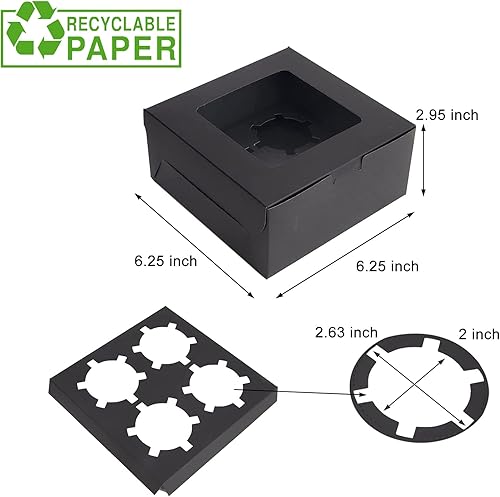 Miniatura 2 de 15 cajas para pasteles, 6.3 x 6.3 x 3 pulgadas, soporte para cupcakes negros, cajas de magdalenas con capacidad para 4 cupcakes para pasteles, Black