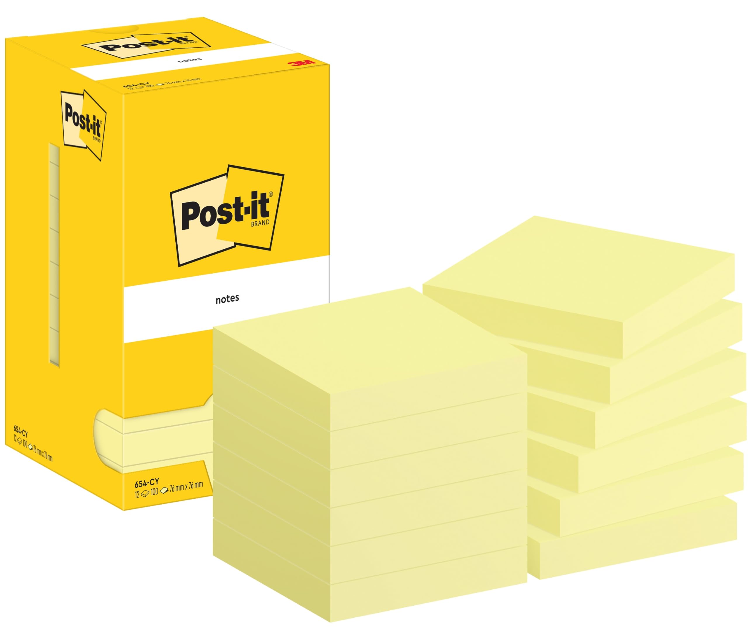 Post-it Notes Canary Yellow, Pack of 12 Pads, 100 Sheets per Pad, 76 mm x 76 mm, Yellow Color - Self-Stick Notes for Note Taking, to Do Lists & Reminders