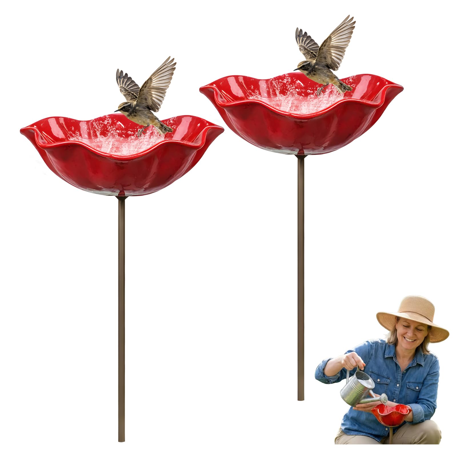 Handmade Metal Flower Garden Stake, Outdoor Bird Baths, Butterfly Water Feeder, Bee Watering Flowers Stake Station for Garden Lawn Yard Decor (2PCS)
