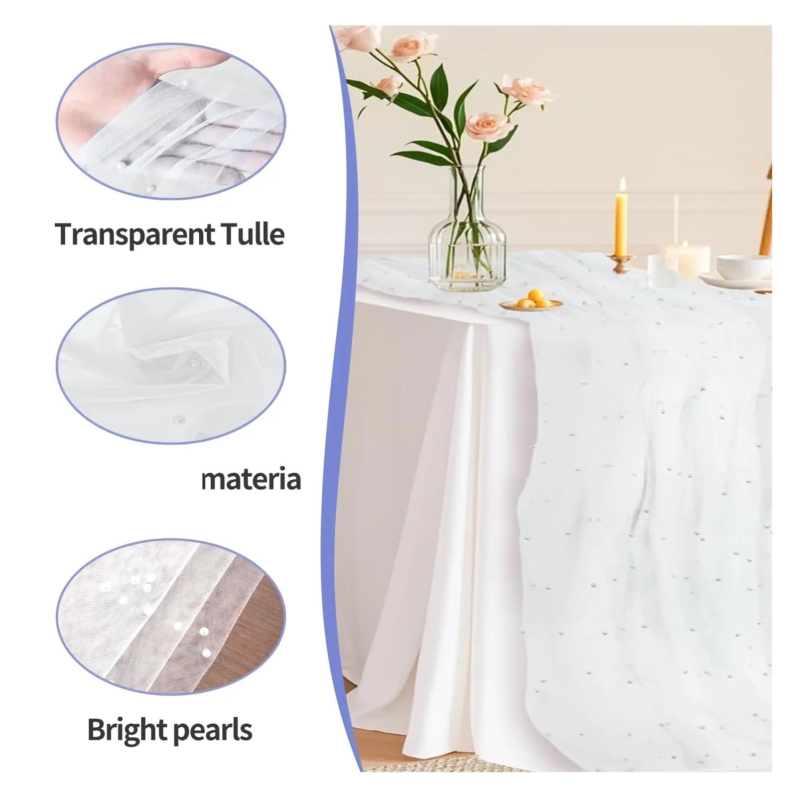 Centrotavola in chiffon Runner da tavolo perlato, tovaglia perlata, tessuto chiffon runner in tulle for decorazioni nuziali, copertura for pranzo for feste(Pink,75x600cm)