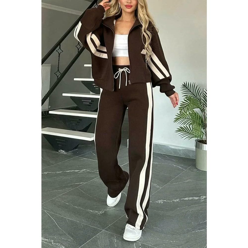 SLJYM Women Two Piece Set Pants Sets Striped Jacket Matching Sets Tops Tracksuit Autumn Spring Long Pant Casual Outfit Suits