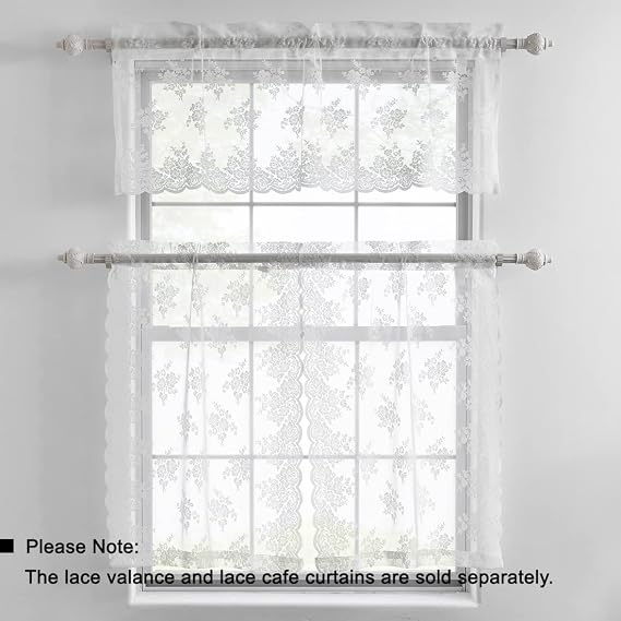 Kotile White Lace Tier Curtains for Window Rustic Floral W26xL30 Inch 2 Pcs