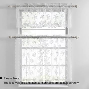 Kotile White Lace Tier Curtains for Window Rustic Floral W26xL30 Inch 2 Pcs