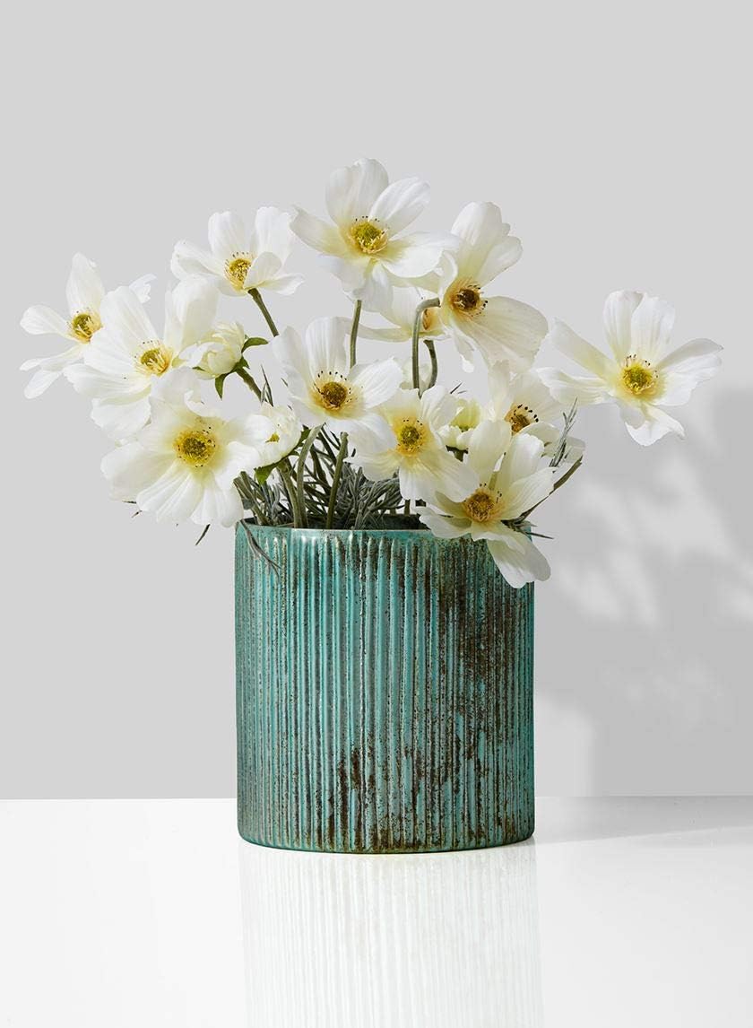 Serene Spaces Living Verdigris Ribbed Glass Container, Antique Style Vase for Wedding, Event Centerpiece, Measures 5” Tall and 4.75” Diameter