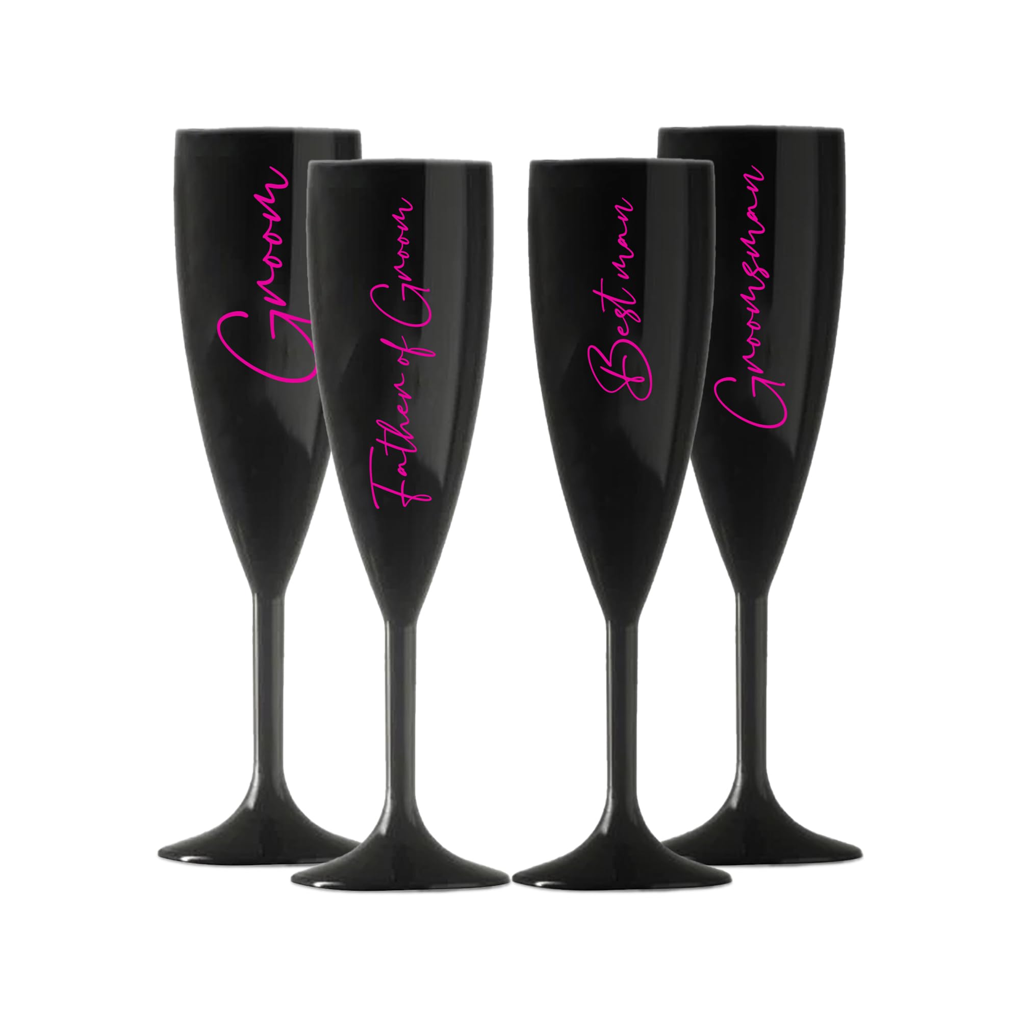 Print Maniacs Champagne Premium Black Flute Glass Bride Groom Mr Mrs Wedding Maid Honour Wine Cocktail Prosecco Celebrations Gift (Pink, Set of 4 Grooms Set)