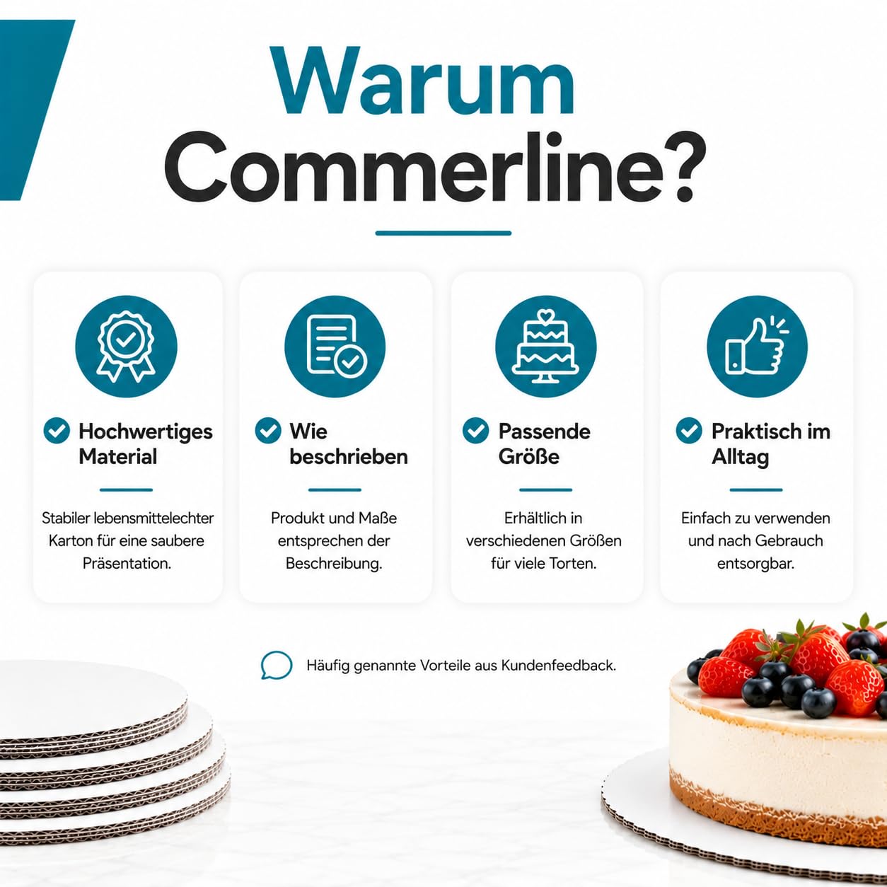 Commerline 100 Stück Tortenunterlagen | Ø 30 cm Runde, Weiß | Gezackter Rand | Pappe | Lebensmittelecht | Einweg Kuchenunterlagen für Torten, Gebäck & Desserts | Bäckerei & Konditorei