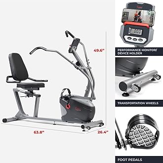 Sunny Health & Fitness Smart Recumbent Bike, Full-Body Home Training with Arm/Leg Exercisers, Indoor Cycling Workout Machine Plus Adjustable Seat & Bulit-in Pulse Sensors, Free SunnyFit App Connection