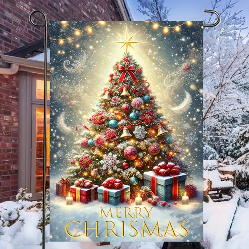Image of BlissYard Christmas Christmas Tree Garden Flag 12x18 Inch Polyester | Double sided polyester, Christmas decorated tree front porch design, winter home decor for holiday porch and yard