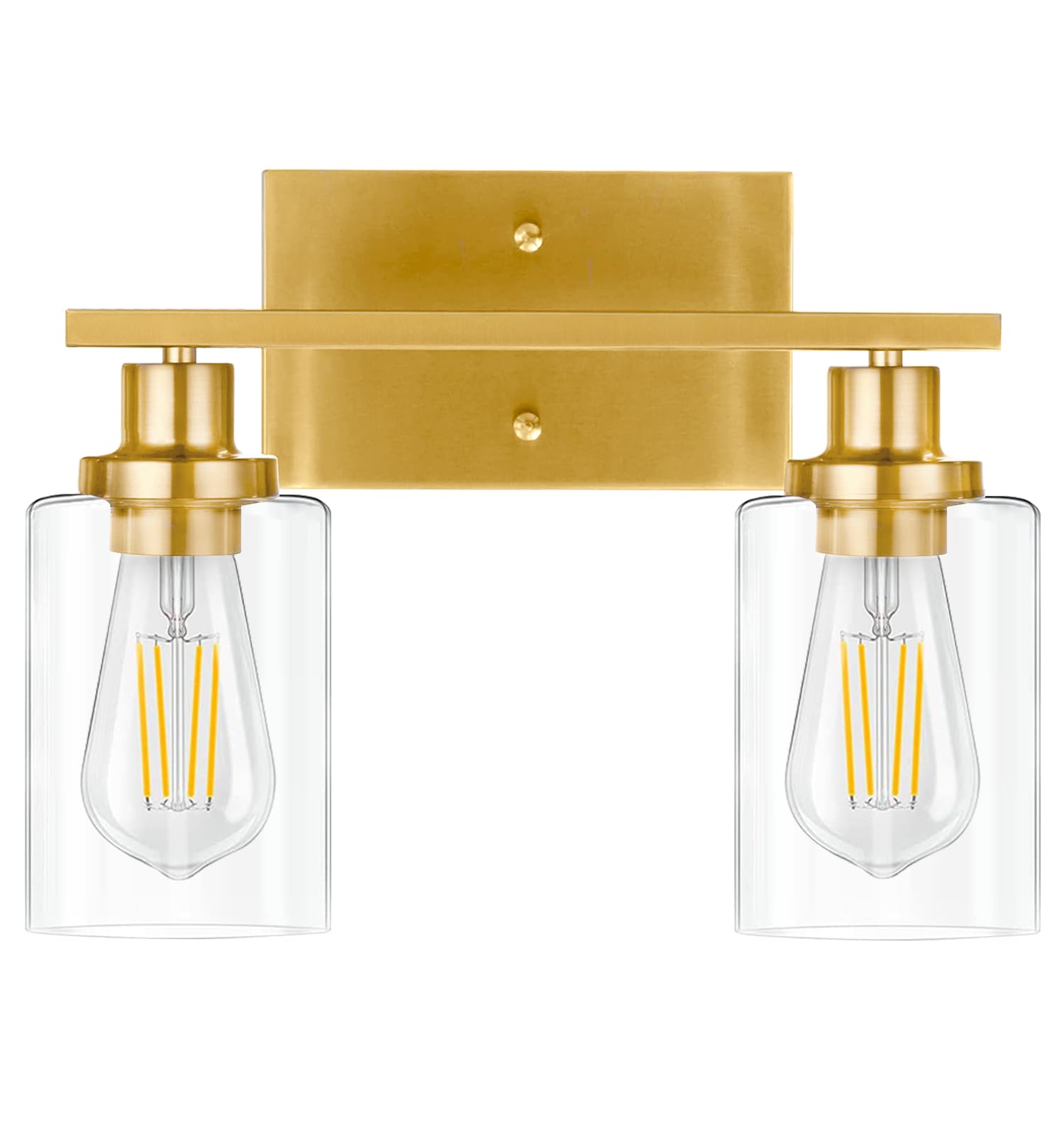 Gold Bathroom Light Fixtures Over Mirror, 2-Light Brushed Gold Vanity Light, Vintage Vanity Lights for Bathroom with Clear Glass Shade, Metal Bathroom Light Fixtures for Bedroom Hallway E26 Standard