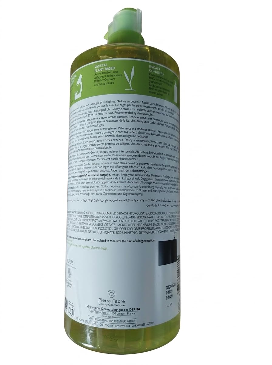 A-DERMA Exomega Control - Aceite de lavado 1L - Aceite de lavado suavizante antiarañazos, para piel seca y propensa a neurodermatitis, cara y cuerpo, limpieza sin jabón, botella de 1000 ml
