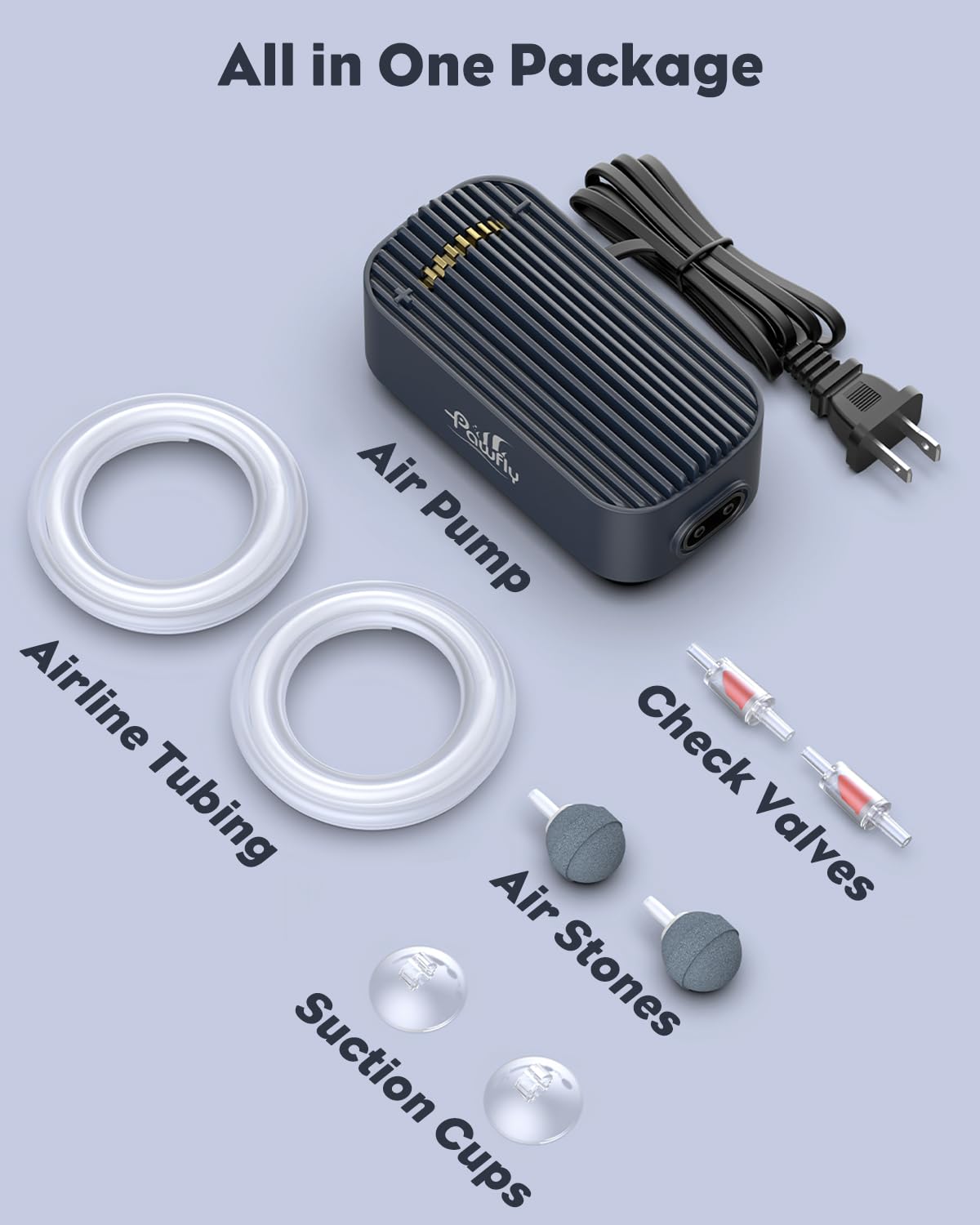 Pawfly Aquarium-Luftpumpe, 416 L/h Luftpumpe für Aquarien bis zu 606 L, extrem leise, einstellbare Sauerstoffpumpe mit Luftschlauch, Ausströmerstein und Rückschlagventil, Belüfter für Fische