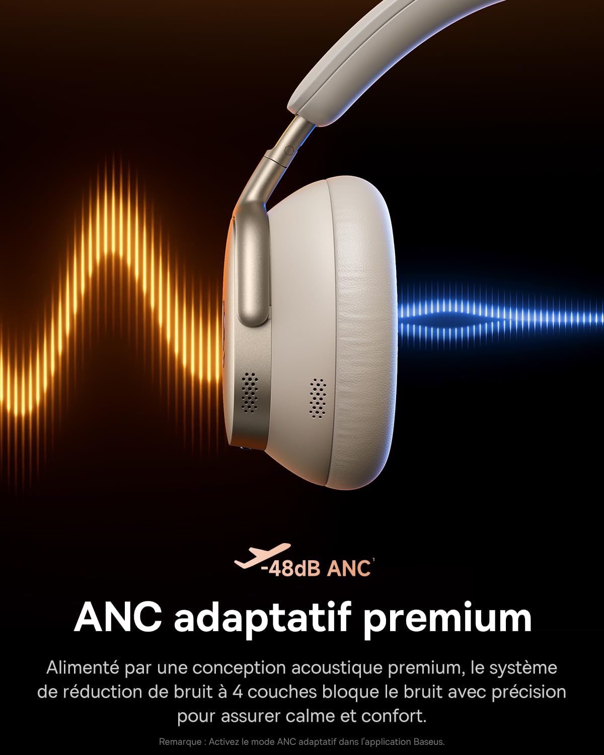 Baseus Inspire XH1 Casque Bluetooth sans Fil à réduction de Bruit, Sound by Bose, Confort Nuageux, Dolby Audio & Hi-Res pour Un Son Incroyablement Dynamique, Autonomie de 100 H, Blanc Lunaire