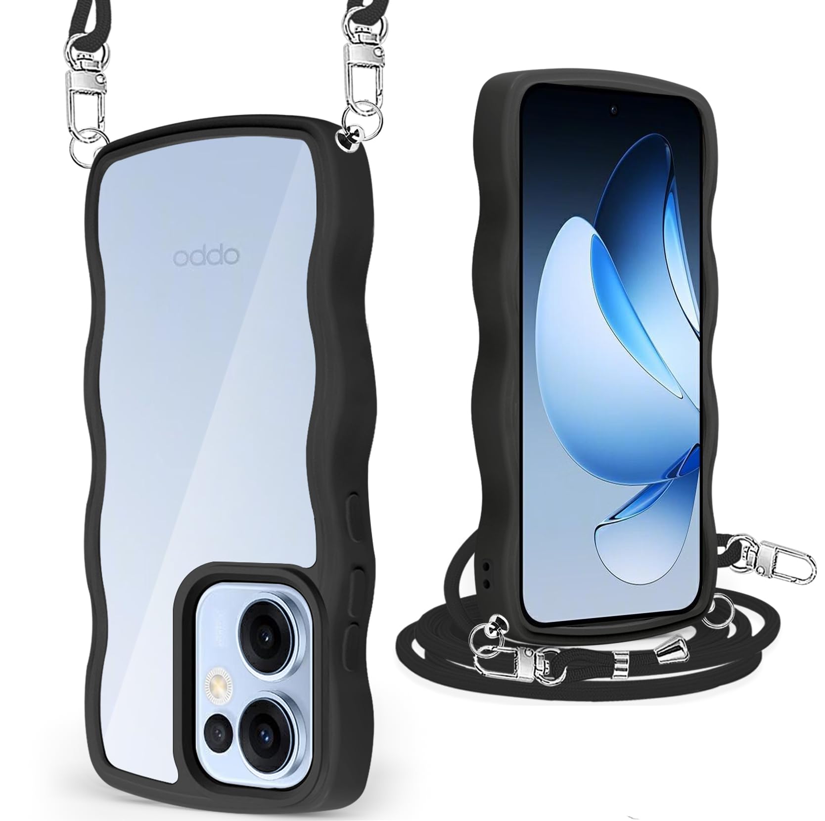 OPPO Reno13 A ケース クリア ショルダー オッポリノリノ13A カバー うねうね 透明 人気 かわいい 耐衝撃 スマホケース ストラップ付き 取り外し可能 長さ調整可能 首かけ 肩掛け 薄型 軽量 TPU ワイヤレス充電対応（ブラック）