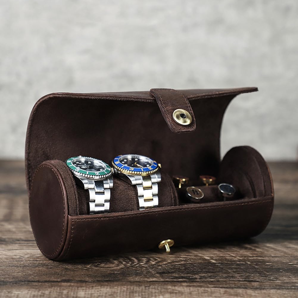 XNTBXVintage Crazy Horse Leather Watch Box for Two Watches and Suit Buttons Travel Storage Box,CF1164