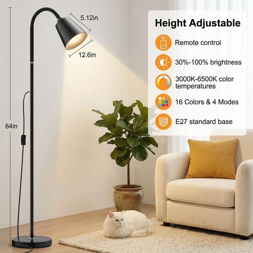 LED Floor Lamp with Remote, 16 Color Changing RGB Standing Lamp, 3 Color Temperatures Warm/Natural/Cold White, Height Adjustable, E27 Base Compatible, for Living Room Bedroom Game Room Office